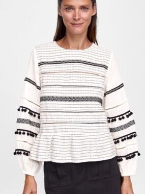 Zara White Blouse with Black Embroidered Stripes- Pom Pom Removed